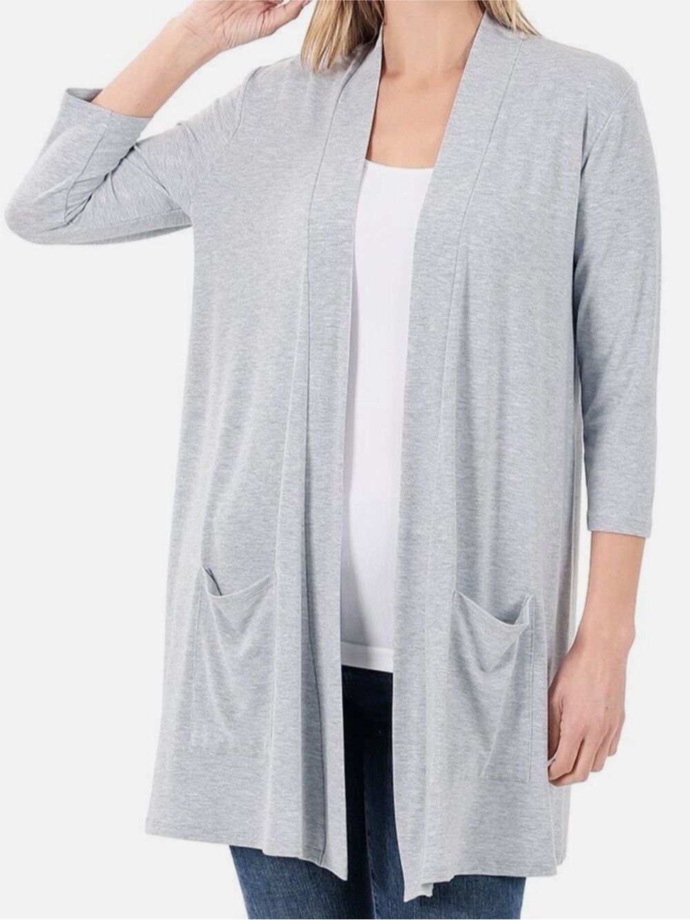 ZENANA Light Gray Open Front Pocket Cardigan 3/4 Sleeve Open Sweater